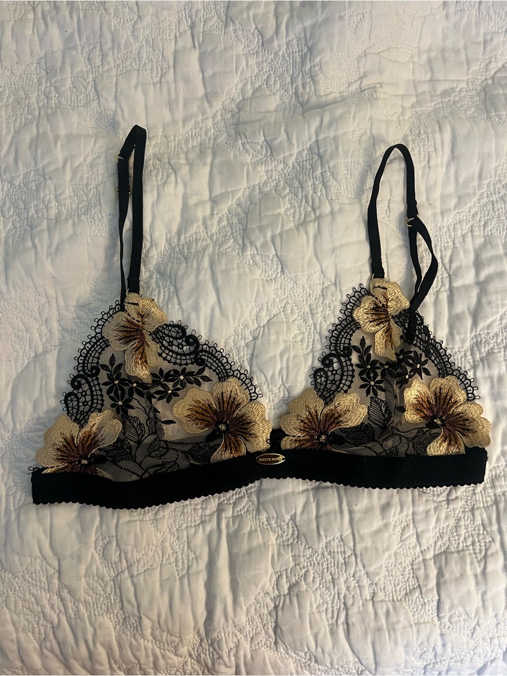 Black Sheer Lace Bralette with Gold Floral Embroidery